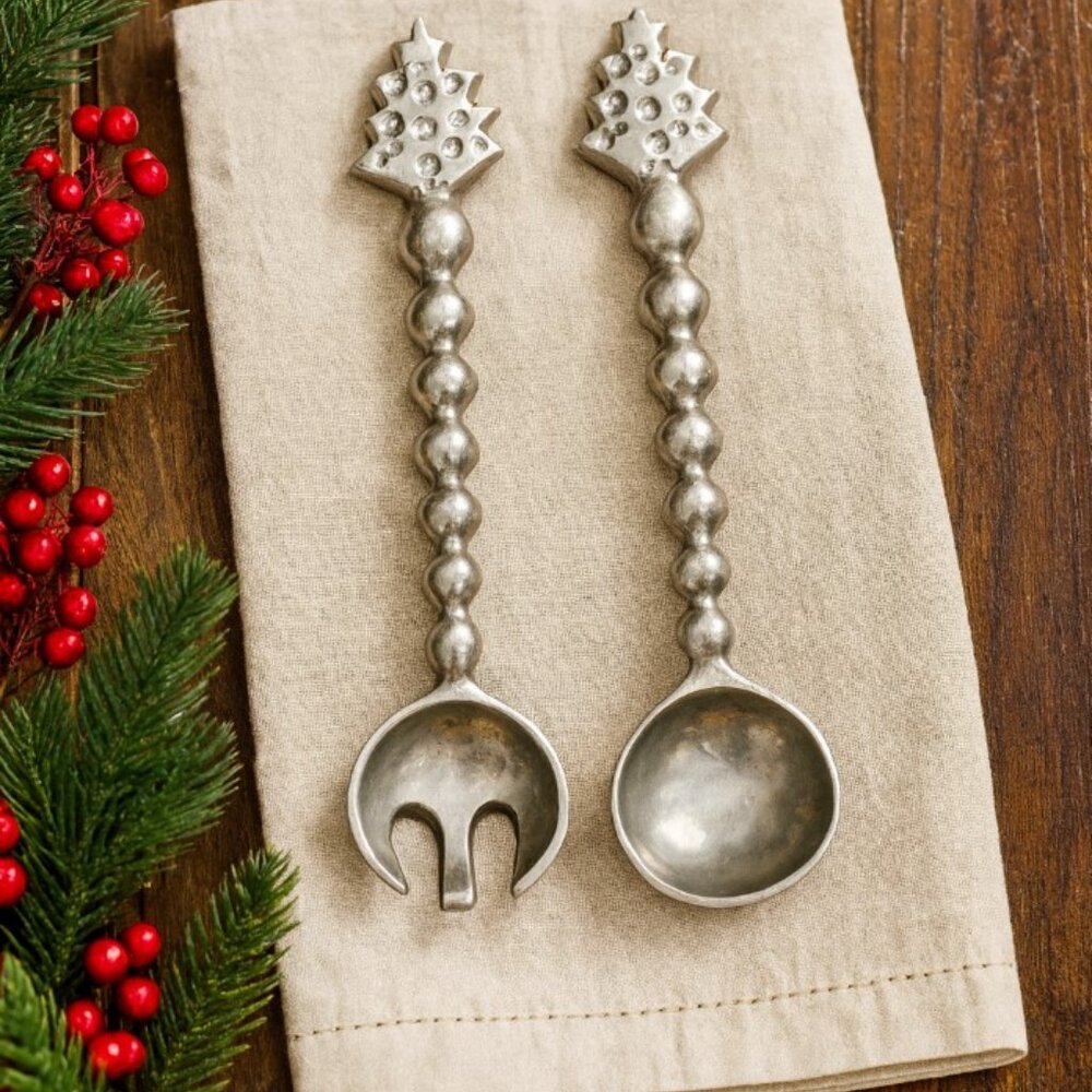 Vintage Silver Christmas Tree Salad Serving Fork & Spoon Made In India Metal